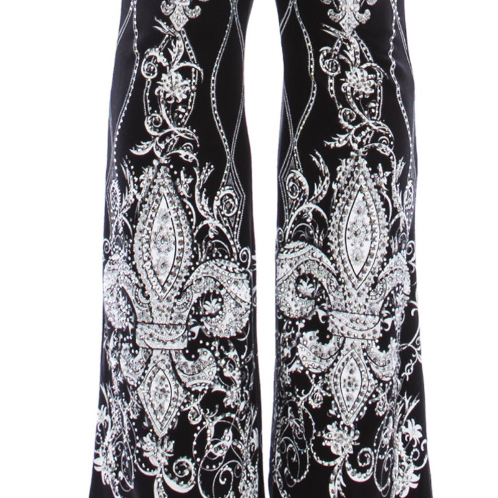 VOCAL PANTS leggings bell bottom flare fleur de lis bling SM-4X concert Rocker - Picture 3 of 6